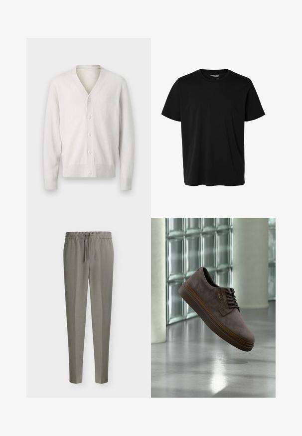 Hvid strikket cardigan med v-hals, seks knaplukninger foran, ribbet manchetter og kant. Blød tekstur, enkelt design og let materiale.; Ensfarvet sort t-shirt med korte ærmer og rund hals, herrepasform, uden synlige mønstre eller logoer foran.; Herrers lysegrå skræddersyede bukser med tilspidsede ben og en elastisk talje med snørre foran.; Mørkebrun ruskindsnørestøvle med tyk sål og "GANT"-logo, hængende over en reflekterende gulv nær en væg af glasblokke.
