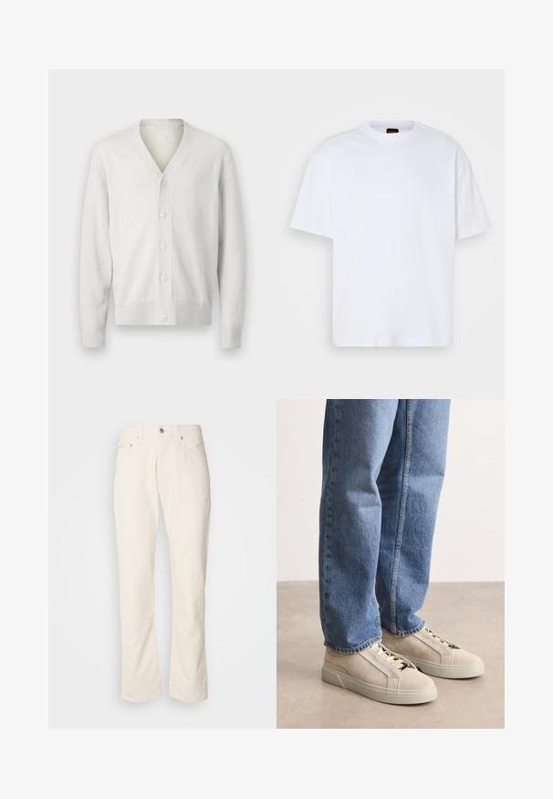 Hvid strikket cardigan med v-hals, seks knaplukninger foran, ribbet manchetter og kant. Blød tekstur, enkelt design og let materiale.; Hvid bomulds T-shirt med rund hals, korte ærmer og en afslappet pasform. Har strukturerede skuldersømme for ekstra detaljer.; Beige bomuldsjeans med et klassisk lige ben-design, der har en forreste knaplukning, fem lommer og diskrete syninger.; BOSS GARYTENN_SDHDEL - Sneakers - natural ten