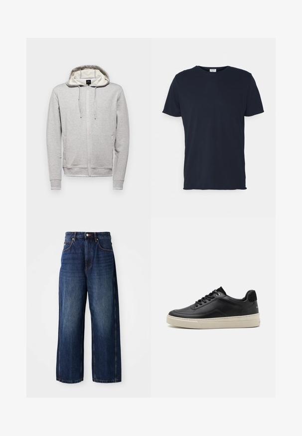 Sweatshirt gris avec une fermeture éclair à l'avant, capuche avec cordon de serrage, manches longues et poches latérales. Présente une doublure intérieure contrastante et un détail de logo.; T-shirt en coton bleu marine avec un col rond et des manches courtes, présentant une texture lisse et un design simple, sans motifs ni accents visibles.; Jean large bleu foncé en denim. Comprend une ceinture classique avec passants, des poches avant et une silhouette droite.; Baskets en cuir noir à profil bas, avec une semelle en caoutchouc couleur crème, bout rond et design à lacets, rehaussées d'un talon en daim noir.