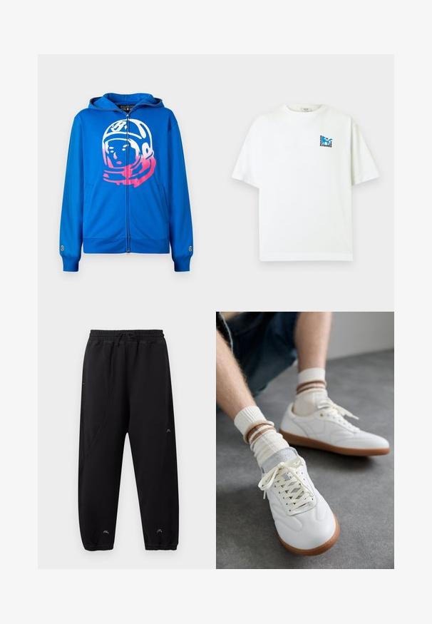Sudadera con cremallera azul que presenta un gráfico de un astronauta en rosa y blanco en el frente. Fabricada con un tejido suave, cuenta con bolsillos laterales y puños acanalados.; Camiseta blanca de manga corta con pequeño logo de zorro azul y texto "Maison Kitsuné 2062 Paris" en la parte superior izquierda del pecho.; Pantalones jogger negros con cintura y puños elásticos, ajuste slim, detalles de costuras sutiles y pequeño logo blanco cerca de los tobillos y el muslo.; Zapatillas de cuero blanco con una textura suave, detalles en gamuza gris, suelas de goma beige y cordones planos. Combinadas con calcetines a rayas en tonos crema y marrón.
