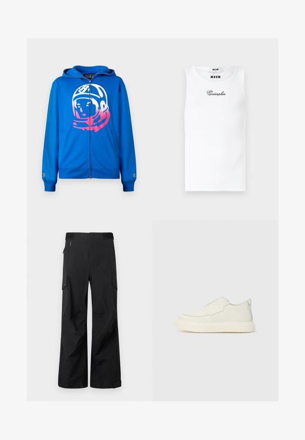 Sudadera con cremallera azul que presenta un gráfico de un astronauta en rosa y blanco en el frente. Fabricada con un tejido suave, cuenta con bolsillos laterales y puños acanalados.; Camiseta sin mangas blanca de canalé con texto en cursiva negro "Endorphin" bordado en el pecho y etiquetas internas de la marca MSGM en el cuello.; Pantalones cargo negros fabricados con un tejido suave y resistente al agua. Presentan piernas anchas, múltiples bolsillos laterales y una cinturilla plana con un branding sutil.; Zapatilla slip-on en material texturizado color blanco roto con una suela gruesa y estriada. Presenta costuras mínimas y un sutil acento azul claro.