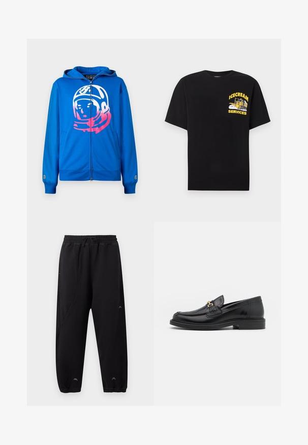 Hoodie zippé bleu avec un graphique d'astronaute rose et blanc sur le devant. Fabriqué en tissu doux, avec des poches latérales et des poignets côtelés.; T-shirt noir avec un graphisme jaune représentant un camion de glace et le texte « ICECREAM SERVICES » sur le côté gauche de la poitrine.; Pantalon de jogging noir avec taille et poignets élastiques, coupe slim, détails de couture discrets et petit logo blanc près des chevilles et de la cuisse.; Mocassins en cuir noir avec un embout rond, présentant des accents en métal doré et des détails de couture, montés sur une semelle en caoutchouc texturé et basse.