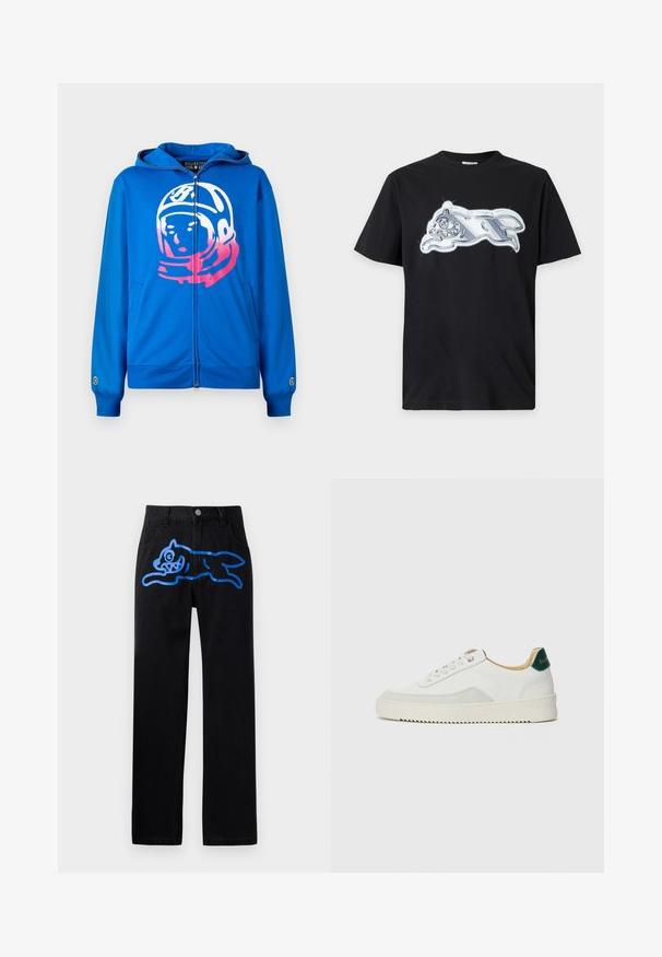 Sudadera con cremallera azul que presenta un gráfico de un astronauta en rosa y blanco en el frente. Fabricada con un tejido suave, cuenta con bolsillos laterales y puños acanalados.; Camiseta negra de manga corta con un gráfico metálico plateado brillante de un animal corriendo en el pecho.; Pantalones de mezclilla negros con un corte relajado, que cuentan con un gráfico vibrante de un gato saltando en la parte frontal. Diseño clásico de cinco bolsillos.; Zapatilla blanca con acentos de ante, puntera redondeada, cordones planos y suela de goma color crema. Presenta un logo verde en el talón.