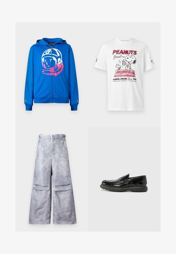 Sudadera con cremallera azul que presenta un gráfico de un astronauta en rosa y blanco en el frente. Fabricada con un tejido suave, cuenta con bolsillos laterales y puños acanalados.; Camiseta blanca con gráfico en rojo y negro de Peanuts que muestra a Snoopy y Woodstock en una caseta de perro sosteniendo una bebida, con el texto "Peanuts Social Club."; Pantalones de pierna ancha gris claro con bolsillos delanteros, trabillas para cinturón y tiras ajustables a los lados, mostrados sobre un fondo liso.; Mocasín de cuero negro con un acabado brillante, punta redondeada, detalles de costura sutiles y una suela de goma gruesa para mayor durabilidad.