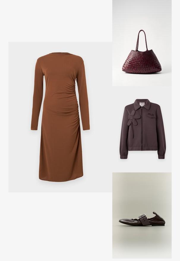 Veste bomber violette foncée avec fermeture éclair, appliqué en forme de fleur sur le côté gauche, col, et poignets et ourlet élastiques. Logo brodé sur la poche de la poitrine.; Robe longue marron à manches longues en tissu doux, présentant un détail froncé sur le côté et une coupe décontractée, avec un ourlet droit et un col rond.; Chaussure plate en cuir marron foncé avec une grande boucle argentée et des détails élastiques froncés, vue de côté sur un fond neutre.; DRAGON DIFFUSION SANTA CROCE BIG - Sac à main - bordo