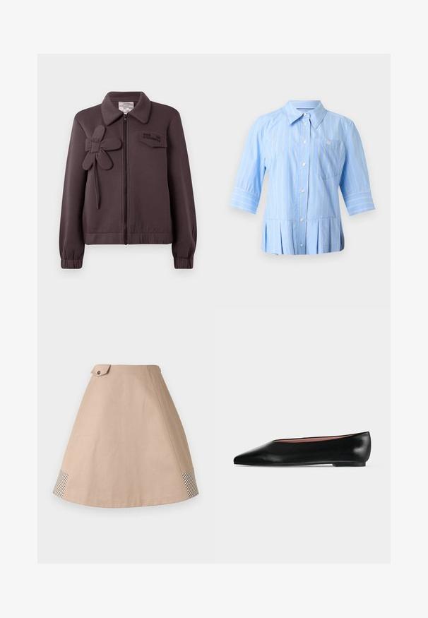 Veste bomber violette foncée avec fermeture éclair, appliqué en forme de fleur sur le côté gauche, col, et poignets et ourlet élastiques. Logo brodé sur la poche de la poitrine.; Chemise bleu clair boutonnée avec rayures verticales blanches, manches trois-quarts, col pointu, poche poitrine et ourlet plissé.; Jupe beige trapèze en coton, avec un détail de bouton et un motif à carreaux à l'ourlet. Texture lisse, longueur au genou.; Chaussure plate en cuir noir pour femme, avec bout pointu et petit talon, vue de côté sur un fond gris clair uni.