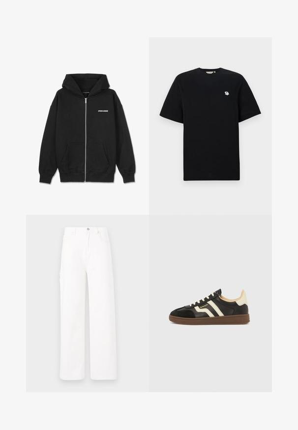 Sort zip-up hættetrøje lavet af bomuld, med en forlommo, ribbede manchetter og en hætte med snor. Inkluderer "PEGADOR" logo på brystet.; Sort bomulds T-shirt med korte ærmer, der har broderet en lille hvid blomst på venstre bryst. Standard pasform og rund halsudskæring.; Hvide denimbukser med bred ben design, klassisk fem-lomme stil og en ensfarvet overflade uden mønstre eller udsmykninger.; Sorte sneakers med cremefarvede striber, tekstureret læderoverdel og en brun gummisål. Har snørebånd og en lav profil.