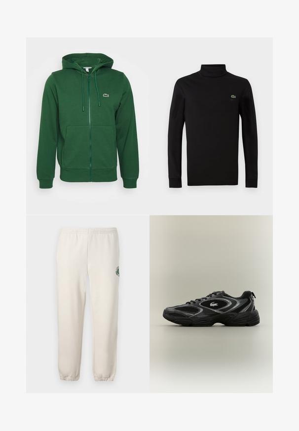 Grøn zip-up hoodie med kengurulommer, snor i hætten og logo accent. Lavet af blødt materiale med en glat tekstur.; Sort langærmet turtleneck lavet af glat bomuldsstof, med et lille grønt krokodillelogo på venstre bryst.; Lys beige sweatpants lavet af bomuld, med elastisk talje, ribbede mansjetter og et grønt logo med bladdesign på venstre ben.; Sort og grå atletisk sneaker med mesh-paneler, snørebåndsdesign, tyk sål og et lille krokodillelogo på siden.