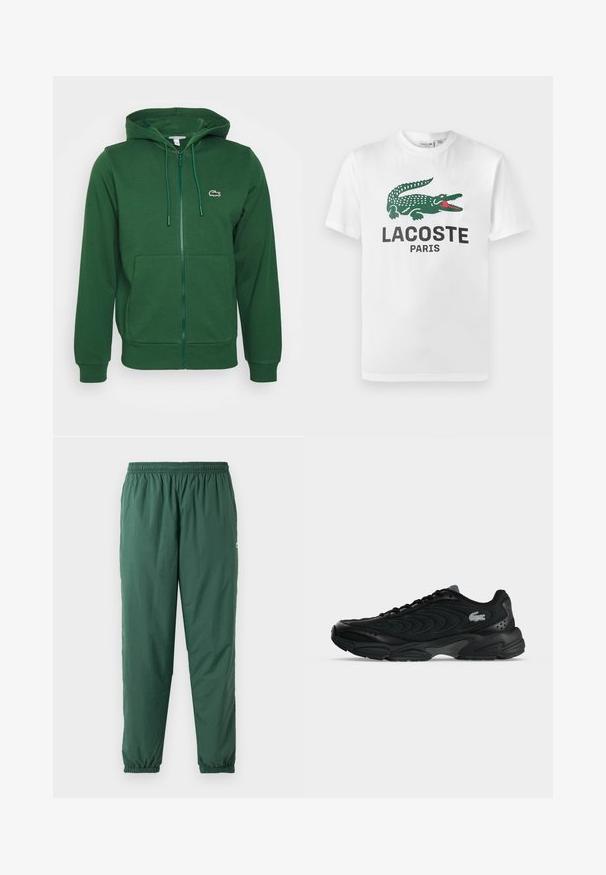 Grøn zip-up hoodie med kengurulommer, snor i hætten og logo accent. Lavet af blødt materiale med en glat tekstur.; Lacoste T-shirts print - white; Grønne, lette, elastiske bukser med en rynket talje og manchetter, lavet af et glat, vandafvisende materiale.; Sort atletiksneaker med buede syningsmønstre og et lille krokodillelogo på siden, vist fra ydersiden på en ensfarvet baggrund.