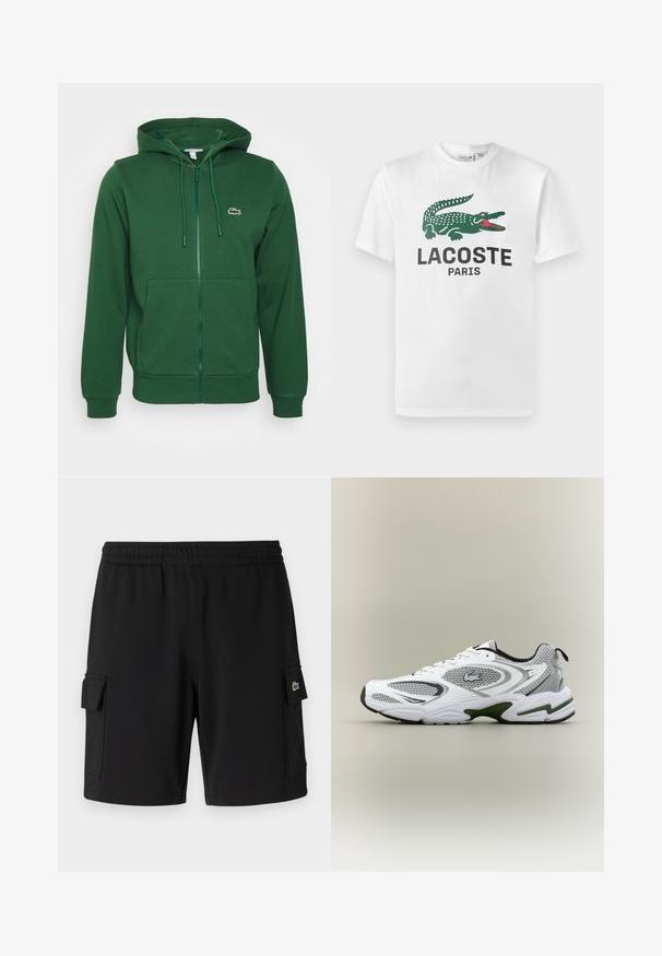 Roheline lukuga kapuutsiga sviiter, millel on kaenla taskud, reguleeritav kapuuts ja logo aktsent. Valmistatud pehmest materjalist, millel on sile tekstuur.; Lacoste Trükipildiga T-särk - white; Mugavad mustad lühikesed püksid pehmest kangast, millel on elastne vöökoht, kaks külgpocketit ja väike logopatch ühe tasku peal.; Valge ja hall sportlik jooksujalats, millel on võrgupaneelid, rohelised aktsendid, mustad detailid ja küljes logo, nähtuna välisküljelt.