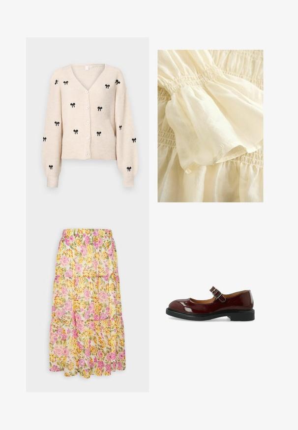 Beige gebreide cardigan met een V-hals, voorzien van zwarte geborduurde strikken, lange mouwen en witte knopen aan de voorkant.; Roomkleurige katoenen stof met geplooide delen, voorzien van een zachte, lichtgewicht textuur en een elastische tailleband.; VILA VIMAGGIE MIDI SKIRT - A-lijn rok - cloud dancer; Bianco BIAADDA MARY JANE LAK - Klassieke pumps - burgundy