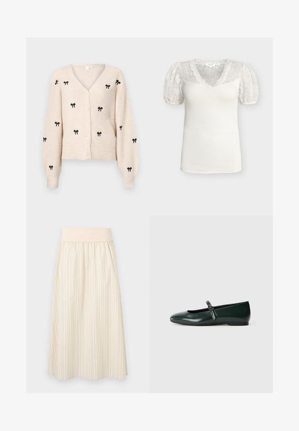 Beige strikket cardigan med V-udskæring, der har sorte broderede sløjfer, lange ærmer og hvide knapper foran.; Hvid ribstrikket top med blomstret blonde V-halsudskæring og puffede blondeærmer i kort længde, elastiske manchetter og tætsiddende silhuet.; Kremfarvet plisseret nederdel med tynde lodrette striber, med en blød, elastisk taljebånd. Fremstillet i letvægtsstof for komfort.; Mørkegrønne patentlæder flade sko med en enkelt tynd rem og en lille sølvspænde, der har en rund tå og lav hæl.