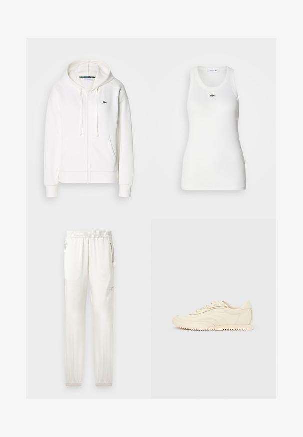 Veste à zip blanche en tissu doux, dotée d'une capuche, de poches kangourou et d'un petit logo vert Lacoste sur la poitrine gauche.; Débardeur blanc sans manches avec un col rond et une texture côtelée. Présente un petit logo crocodile vert de Lacoste sur la poitrine.; Joggers crème clair avec taille élastique, finitions fuselées, poches latérales et accents zippés. Tissu lisse avec une finition légèrement brillante.; Baskets basses de couleur crème avec des coutures ondulées, une fermeture à lacets et une semelle crantée, vues de côté sur un fond uni.