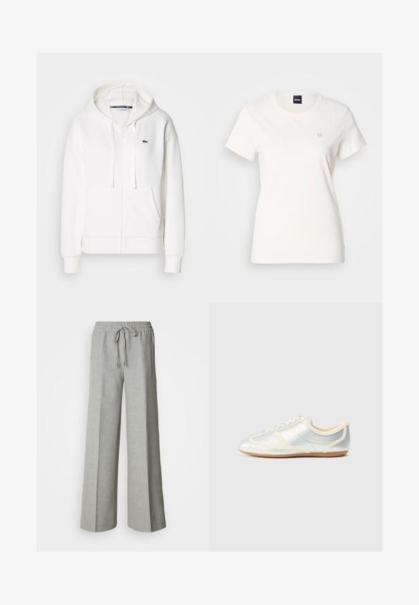 Veste à zip blanche en tissu doux, dotée d'une capuche, de poches kangourou et d'un petit logo vert Lacoste sur la poitrine gauche.; T-shirt en coton blanc avec un col rond et des manches courtes. Présente un petit logo brodé sur la poitrine. Texture lisse.; Pantalon ample gris clair avec taille élastique et cordon de serrage, poches avant, et tissu texturé subtil.; Baskets synthétiques argentées avec accents crème, profil bas, bout arrondi et semelle en caoutchouc plate ; dotées de coutures classiques et d'une fermeture à lacets.