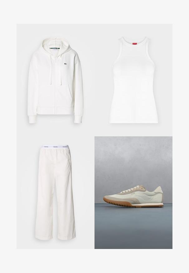 Valge lukuga kapuutsiga dressipluus, mis on valmistatud pehmest kangast. Sellel on kapuuts, konksukotid ja vasakul rinnal väike roheline Lacoste logo.; Valge varrukateta soonikkoes tanktop, kõrge ümara kaelusega ja kehakujuline, kujutatud lihtsal heledal taustal.; Valged laiad püksid elastse vöökoha ja kontrastse Calvin Kleini logoga. Valmistatud siledast kangast, pakuvad nad mugavat istuvust.; Valge ja beež spordijalgpall, millel on sile ülaserv ja päevituse aktsendid, tekstureeritud tald ja tooni õmblused. Kinnitatud nööridega, millel on logo detail.