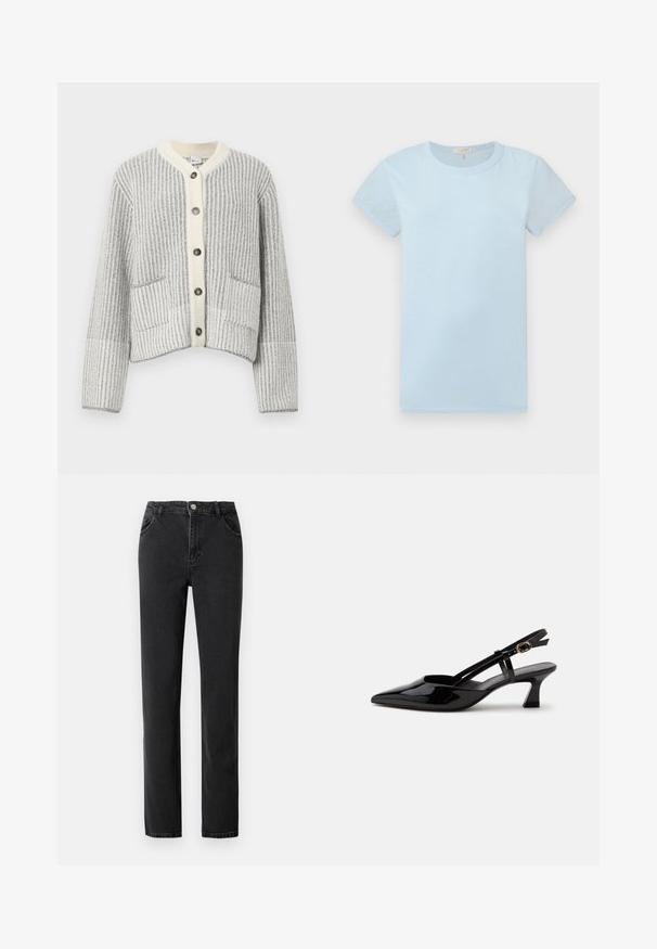 Cardigan en mélange de laine gris et crème, présentant un tricot côtelé vertical, un col en chevrons, six boutons foncés et deux poches frontales.; rag & bone T-shirt basique - raindrop; Jeans en denim noir avec taille haute, coupe droite, cinq poches, et fermetures à bouton en métal.; Chaussure slingback en cuir verni noir à petit talon, bout pointu et bride réglable avec boucle dorée sur fond blanc.