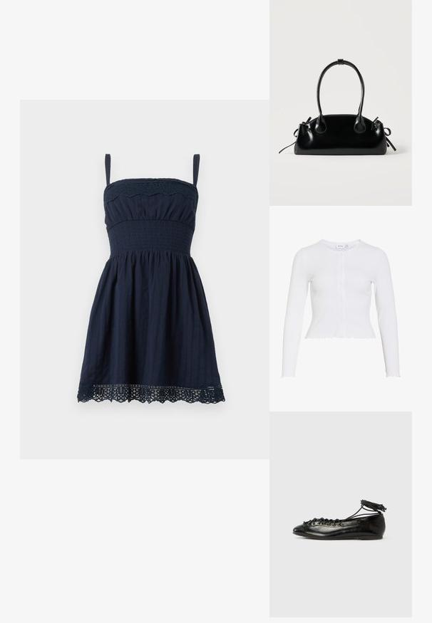 Cardigan blanc à manches longues côtelé avec col rond, petits boutons devant, et bords festonnés à l'ourlet et aux poignets.; Robe sans manches bleu marine avec fines bretelles, corsage froncé, taille froncée et bordure en dentelle en haut et en bas.; Ballerines en cuir verni noir avec un bout rond, un design à lacets et une semelle plate. Texture lisse avec peu de détails.; Petit sac à main noir brillant avec deux longues anses et des détails à cordon sur les côtés sur un fond clair uni.