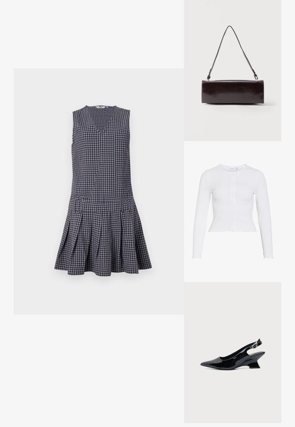 Cardigan blanc à manches longues côtelé avec col rond, petits boutons devant, et bords festonnés à l'ourlet et aux poignets.; Robe à carreaux bleu marine avec un décolleté en V, sans manches, jupe plissée et taille structurée. Fabriquée en tissu léger.; Chaussure slingback en cuir verni noir avec bout pointu et petit talon bloc incliné sur fond clair uni.; Sac à main rectangulaire en cuir noir avec une longue bandoulière unique et une finition brillante, présenté sur un fond blanc uni.