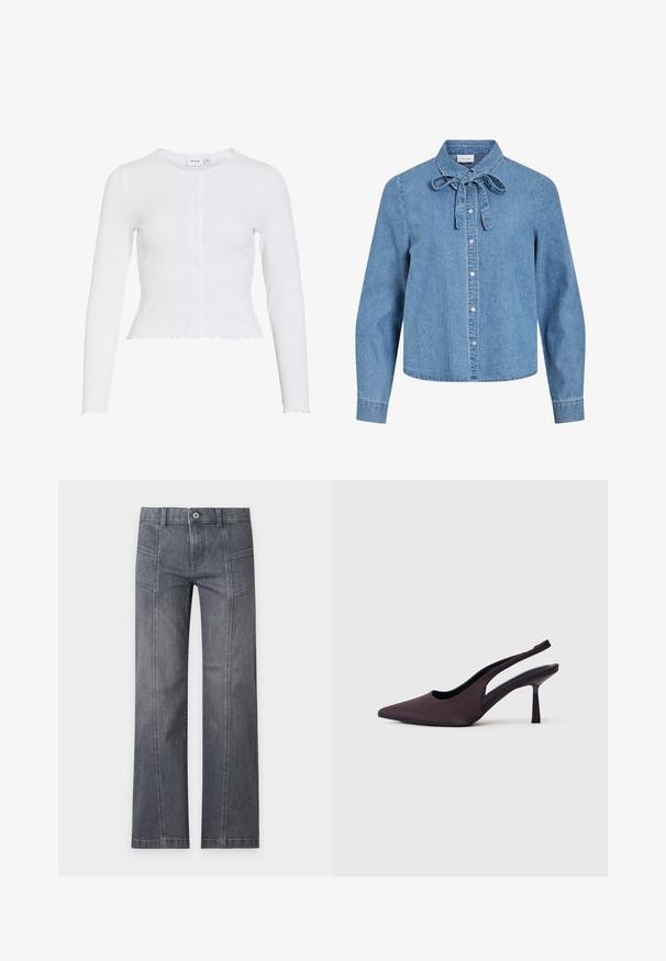 Cardigan blanc à manches longues côtelé avec col rond, petits boutons devant, et bords festonnés à l'ourlet et aux poignets.; Chemise en denim bleu clair à manches longues avec des boutons-pression argentés sur le devant et un nœud noué au col.; Jean droit gris en denim avec détails sur la couture avant, passants de ceinture et fermeture par bouton sur un fond clair uni.; Chaussure à talon slingback en tissu violet foncé. Design à bout pointu, côtés ouverts, et talon mince de forme carrée. Texture lisse.
