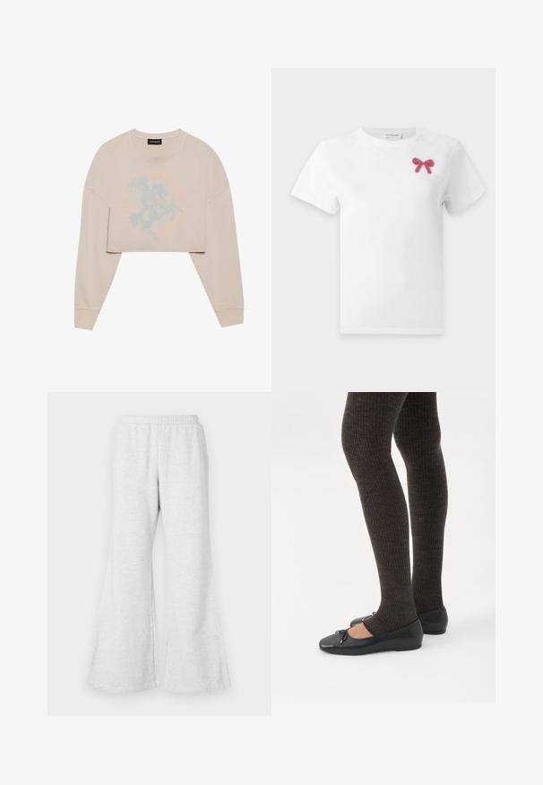 Sweatshirt beige à manches longues, cropped, avec un motif graphique bleu clair d'un cavalier et un texte circulaire autour. Texture douce, coupe décontractée.; T-shirt blanc à manches courtes avec une petite décoration de nœud en perles roses sur la partie supérieure gauche de la poitrine.; Pantalons de survêtement évasés gris clair avec une taille élastique, fabriqués en tissu doux et texturé. Présente une coupe décontractée et de larges ouvertures aux jambes.; Jambes portant des leggings côtelés foncés associés à des ballerines noires avec de petits détails en nœud sur fond blanc.