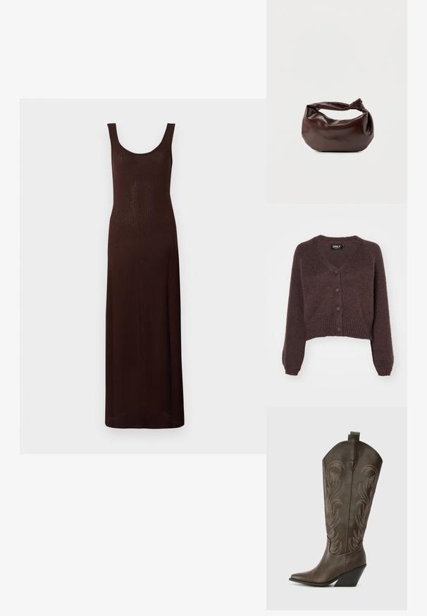Brun strikket cropped cardigan med V-udskæring, seks knapper foran og ribbede manchetter og kant. Blød tekstur med løs pasform.; Brun ribbet maxikjole med rund udskæring og ærmeløs design, der har en tætsiddende silhuet og glat tekstur.; Brune læder cowboystøvle med spids tå, kilehæl og dekorativ broderi. Har en høj stok og en trækflap.; Mørkebrun læder skuldertaske med en blød, afslappet form og et snoet knudehåndtag på en ensartet hvid baggrund.