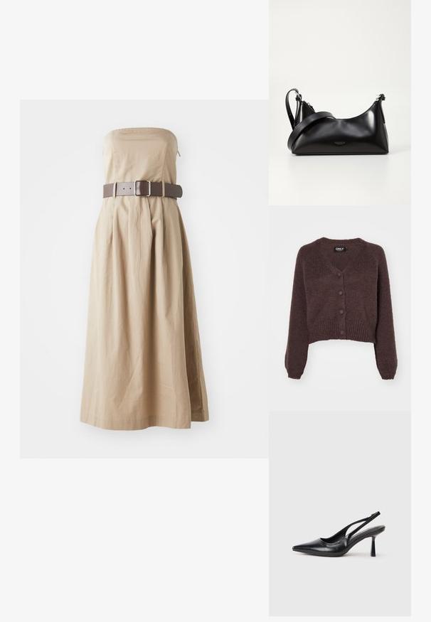 Brun strikket cropped cardigan med V-udskæring, seks knapper foran og ribbede manchetter og kant. Blød tekstur med løs pasform.; Strapless beige maxi kjole med tætsiddende liv, samlet skirt og bred brun bælte med firkantet spænde. Lavet af letvægtigt stof.; Sort læderslagback højhælet sko med spids tå og slank hæl på en hvid baggrund.; Sort læderhåndtaske med en glat tekstur. Har en justerbar stropp og et enkelt, minimalistisk design med lynlås.