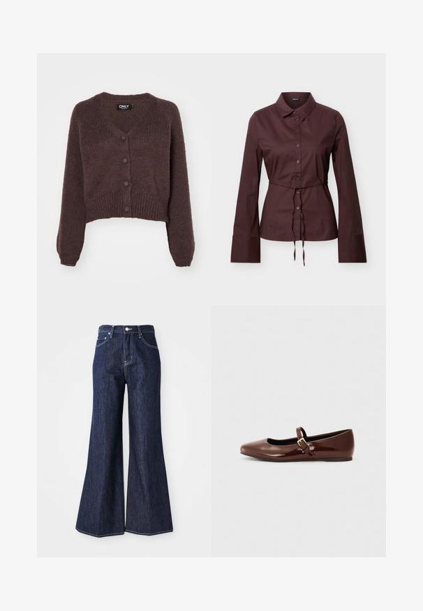 Cárdigan corto de punto marrón con escote en V, seis botones en la parte delantera y puños y dobladillo acanalados. Textura suave con un ajuste holgado.; Camisa de manga larga de color marrón oscuro con botones y cuello, cintura con cordón ajustable y puños anchos, presentada sobre un fondo neutro.; Jeans de mezclilla oscura con campana y cintura alta, que presentan un cierre de botón y cremallera. Las costuras blancas y las piernas anchas crean una silueta estructurada.; Bailarina de charol marrón con punta cuadrada y tira que presenta una pequeña hebilla dorada. Textura suave, tacón bajo y diseño minimalista.