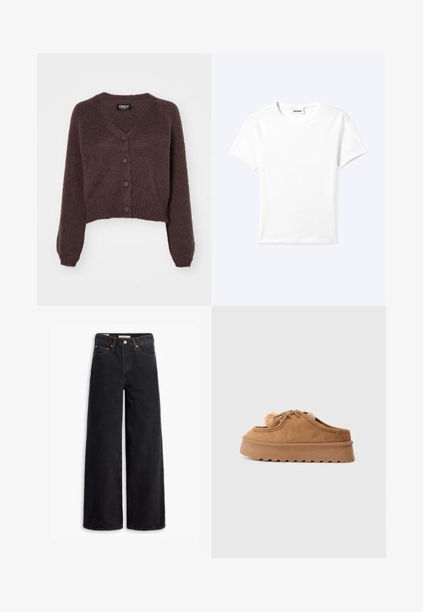 Bruine gebreide cropped cardigan met een V-hals, zes knopen aan de voorkant en geribde mouwen en onderkant. Zachte textuur met een losse pasvorm.; Effen wit T-shirt met korte mouwen en ronde hals met een klein "WEEKDAY" label aan de binnenkant van de hals, plat neergelegd op een lichte achtergrond.; Zwarte brede jeans gemaakt van denim, met vijf zakken, koperen klinknagels en een klassieke knoopsluiting. Glad van textuur met een strakke uitstraling.; Bruine suède instapschoen met een dikke zool, vetersluiting en zachte bontdetails aan de binnenkant en rondom de tong.