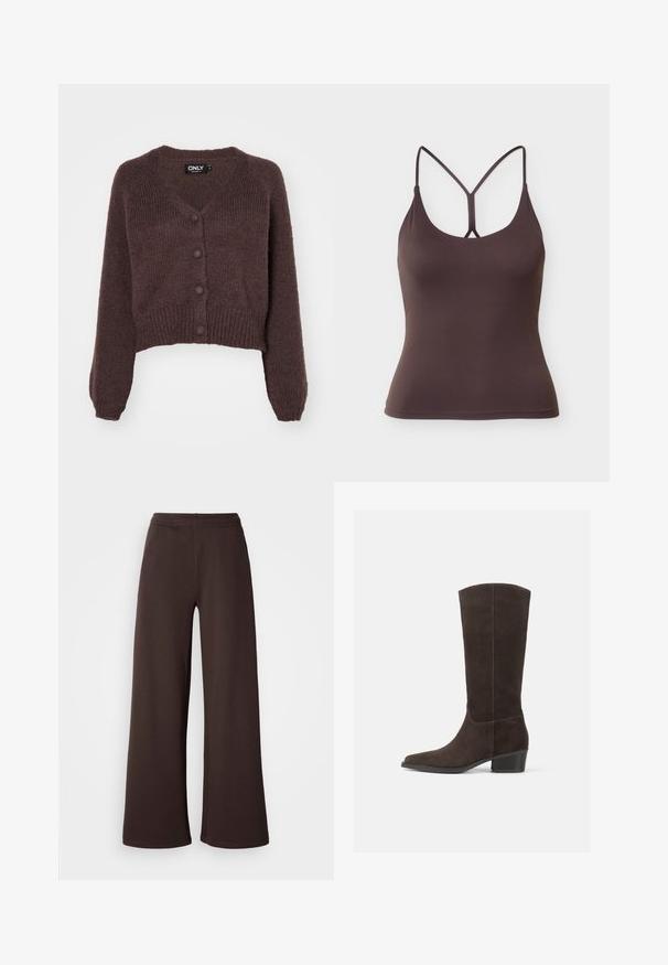 Gilet cropped en tricot marron avec un col en V, six boutons sur le devant et des poignets et un ourlet côtelés. Texture douce avec une coupe ample.; Débardeur marron foncé ajusté avec fines bretelles doubles formant un Y dans le dos, ourlet sans couture.; Pantalons larges en marron foncé, fabriqués en tissu doux avec une taille élastique et un ourlet propre, idéaux pour le confort et le style décontracté.; Bottine en daim marron foncé, montante jusqu'au genou, avec un bout carré, une texture lisse et un petit talon empilé, affichant un design minimaliste et des lignes épurées.