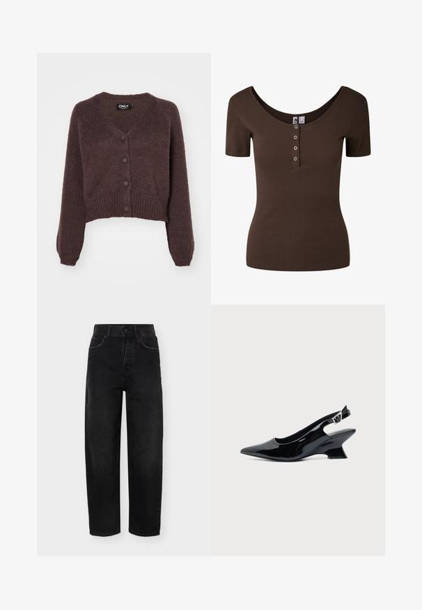 Brun strikket cropped cardigan med V-udskæring, seks knapper foran og ribbede manchetter og kant. Blød tekstur med løs pasform.; Kortærmet, ribstrikket, mørkebrun figursyet top med rund halsudskæring og fire metalknapper på frontslidsen.; Sorte jeans med høj talje og lige ben, knaplukning, for- og baglommer samt bæltestropper, vist på en ensfarvet baggrund.; Sort laklæder slingback sko med spids tå og lav vinklet blokhæl på ensartet lys baggrund.