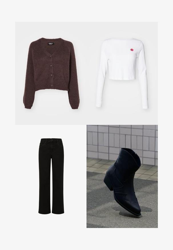 Gilet cropped en tricot marron avec un col en V, six boutons sur le devant et des poignets et un ourlet côtelés. Texture douce avec une coupe ample.; Haut blanc court à manches longues en tissu doux, présentant une petite broderie de rose rose sur la poitrine gauche. Design simple, sans motifs.; Jean en denim noir à jambe droite avec taille haute, présentant des poches avant, une fermeture à bouton et des lignes épurées sans embellissements.; Bottine en cuir noir avec un petit talon, couture décorative et bout pointu, positionnée debout sur une surface pavée à côté d’un mur carrelé.
