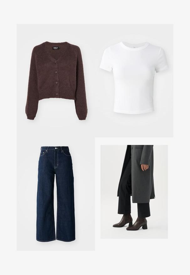 Bruine gebreide cropped cardigan met een V-hals, zes knopen aan de voorkant en geribde mouwen en onderkant. Zachte textuur met een losse pasvorm.; Effen witte cropped t-shirt met korte mouwen en ronde hals, weergegeven op een neutrale lichte achtergrond.; Brede pijp donkerblauwe denim jeans met contrasterende stiksels, vijf-pocket ontwerp en een knoopsluiting in de taille.; Hogehakige enkellaarsjes van donkerbruin leer met een spitse neus en blokhak, gecombineerd met zwarte broeken en een grijze jas.