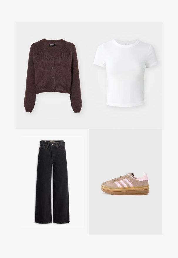 Brun strikket cropped cardigan med V-udskæring, seks knapper foran og ribbede manchetter og kant. Blød tekstur med løs pasform.; Simpel hvid kortærmet cropped t-shirt med rund halsudskæring, præsenteret på en neutral lys baggrund.; Sorte brede benjeans lavet af denim, med fem lommer, kobbernitter og en klassisk knaplukning. Glat tekstur med et rent design.; Lysbrune ruskinds sneakers med pink striber og detaljer, gummisåler, rund tå og struktureret tunger detalje. Har 'Gazelle' branding.