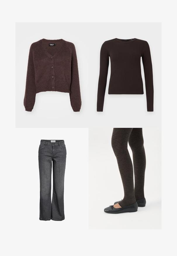 Brun strikket cropped cardigan med V-udskæring, seks knapper foran og ribbede manchetter og kant. Blød tekstur med løs pasform.; Mørkebrune ribbede langærmede T-shirt med rund hals og tætsiddende silhuet, præsenteret på en simpel hvid baggrund.; Bredde ben jeans i mørkegrå denim. Har høj talje, traditionelt fem-lomme design og en ren kanten uden udsmykning.; Ben iført mørke ribbede leggings kombineret med sorte balletsko med små sløjfedetaljer på hvid baggrund.
