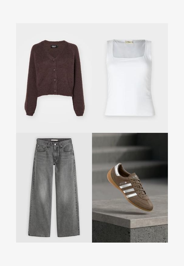 Brauner, gestrickter, kurzer Cardigan mit V-Ausschnitt, sechs Knöpfen an der Vorderseite sowie gerippten Bündchen und Saum. Weicher Stoff mit lockerer Passform.; Weißes Tanktop mit quadratischem Ausschnitt, aus glattem Stoff gefertigt. Besitzt breite Träger und eine enganliegende Silhouette. Keine sichtbaren Muster oder Verzierungen.; Graue Jeans mit weitem Bein und hoher Taille, vorne mit Knopf- und Reißverschluss, zwei Vordertaschen und Gürtelschlaufen, flach auf hellem Hintergrund liegend.; Brauner Wildledersneaker mit weißen Streifen und silbernen Akzenten, mit strukturierter Oberseite, Schnürdesign und Sohle aus Kautschuk in Kaugummifarben.