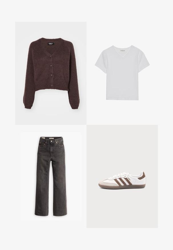 Brun strikket cropped cardigan med V-udskæring, seks knapper foran og ribbede manchetter og kant. Blød tekstur med løs pasform.; Hvid kortærmet V-hals t-shirt lavet af ribbet stof. Har et rent design med en lige kant og minimal detaljer.; Højtaljede, vide jeans i mørkegrå denim, med forlommer, kontrastfarvede kobbernitter og en ren finish uden pynt.; Hvid Adidas Samba sneaker med brune ruskindstriber, brun gummisål og beige ruskindståhætte, vist fra ydersiden på en ensfarvet baggrund.