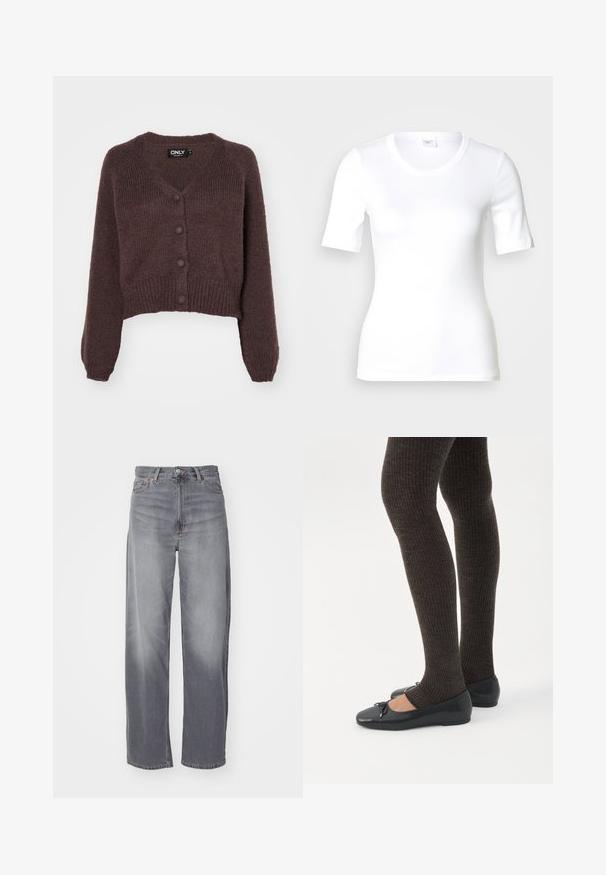 Brun strikket cropped cardigan med V-udskæring, seks knapper foran og ribbede manchetter og kant. Blød tekstur med løs pasform.; Hvid T-shirt med korte ærmer lavet af glat bomuld, med rund halsudskæring og en tætsiddende pasform. Klassisk design uden mønstre eller detaljer.; Weekday RAIL MID LOOSE STRAIGHT - Jeans Straight Leg - misty grey; Ben iført mørke ribbede leggings kombineret med sorte balletsko med små sløjfedetaljer på hvid baggrund.
