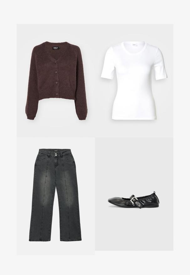 Gilet cropped en tricot marron avec un col en V, six boutons sur le devant et des poignets et un ourlet côtelés. Texture douce avec une coupe ample.; T-shirt blanc à manches courtes en coton lisse, doté d'un col rond et d'une coupe ajustée. Design classique, sans motifs ni accents.; Jeans à jambes larges en denim gris foncé. Comprend une fermeture à bouton, deux poches avant et des coutures verticales pour le détail. Zones abîmées présentes.; Chaussure plate en cuir noir avec un nez pointu, des détails froncés autour de l'ouverture et un accent en boucle argentée sur la bride ajustable.