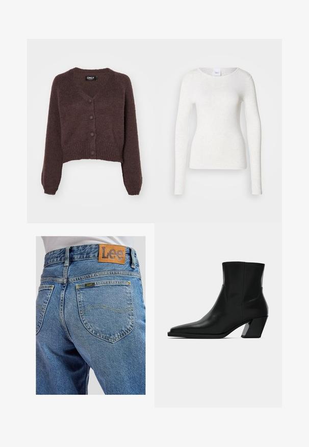 Bruine gebreide cropped cardigan met een V-hals, zes knopen aan de voorkant en geribde mouwen en onderkant. Zachte textuur met een losse pasvorm.; Wit T-shirt met lange mouwen van een zachte, lichtgewicht stof, met een ronde halslijn en een aansluitende pasvorm, met een subtiele textuur.; Blauwe spijkerbroek met achterzakken met gele stiksels en een bruin leren Lee-merkpatch op de tailleband.; Zwarte leren enkelboot met een spitse neus, een slanke silhoeet en een chunky vierkante hak. Gladde textuur met minimale stikdetails.