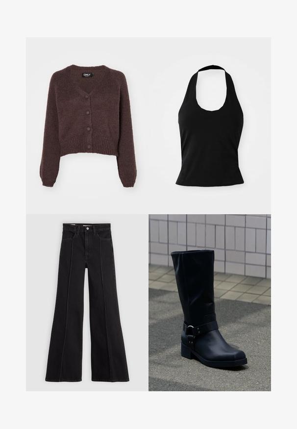 Brun strikket cropped cardigan med V-udskæring, seks knapper foran og ribbede manchetter og kant. Blød tekstur med løs pasform.; Sort halterneck top lavet af blød stof, med en scoop halsudskæring og en tætsiddende silhuet, med en glat tekstur og uden synlige mønstre.; Sorte højtaljede bredbenede jeans med detaljering af frontsømmene, knaplukning, bæltestropper og frontlommer på en enkel lys baggrund.; Sort læderstøvle midt på læggen med lav blokhæle og en dekorativ rem med metal spænde rundt om anklen, på en flisebelagt fortov.