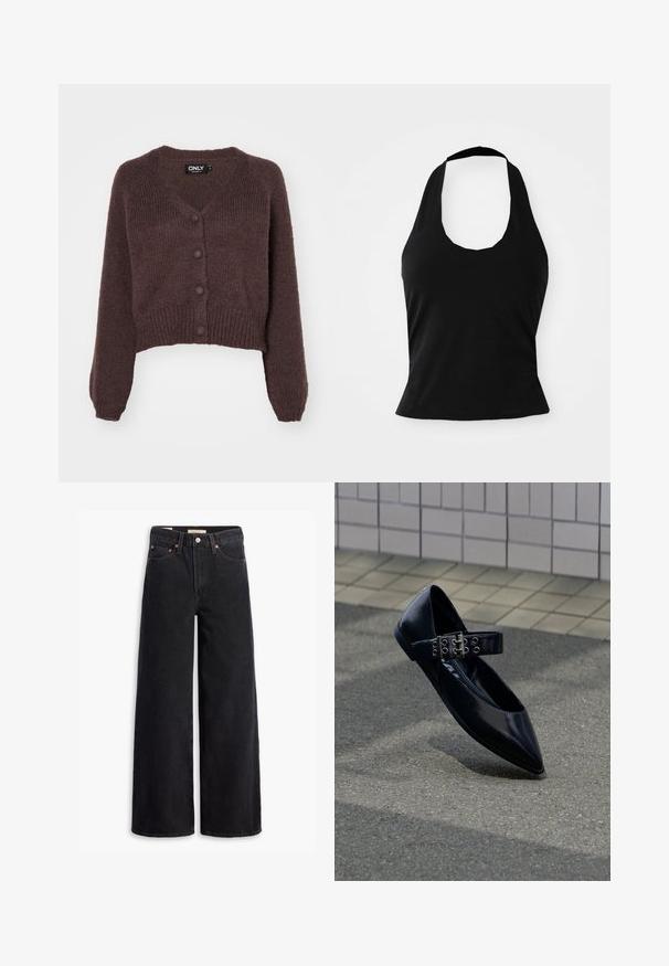 Bruine gebreide cropped cardigan met een V-hals, zes knopen aan de voorkant en geribde mouwen en onderkant. Zachte textuur met een losse pasvorm.; Zwarte haltertop gemaakt van zacht materiaal, met een ronde hals en een getailleerde pasvorm, voorzien van een gladde textuur en zonder zichtbare patronen.; Zwarte brede jeans gemaakt van denim, met vijf zakken, koperen klinknagels en een klassieke knoopsluiting. Glad van textuur met een strakke uitstraling.; Zwarte platte puntige schoen met een brede riem voorzien van een dubbele zilveren gesp en oogjes, rechtop geplaatst op asfalt bij een betegelde muur.