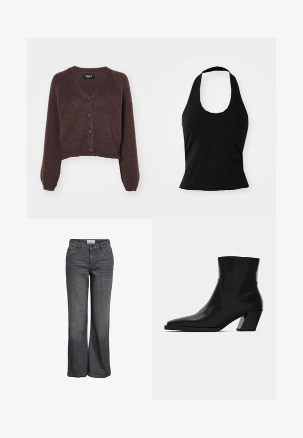 Cárdigan corto de punto marrón con escote en V, seis botones en la parte delantera y puños y dobladillo acanalados. Textura suave con un ajuste holgado.; Top negro tipo halter hecho de una tela suave, con un escote redondeado y una silueta ajustada, con una textura lisa y sin patrones visibles.; Jeans de pierna ancha en denim gris oscuro. Presentan una cintura alta, un diseño tradicional de cinco bolsillos y un dobladillo limpio sin embellishments.; Bota de tobillo de cuero negro con punta afilada, una silueta elegante y un tacón cuadrado grueso. Textura suave con detalles de costura mínimos.