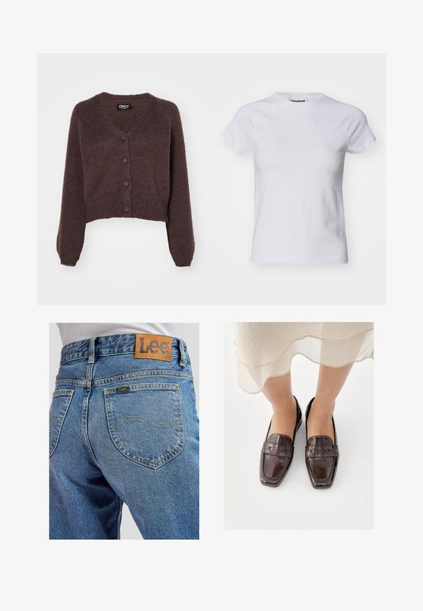 Cárdigan corto de punto marrón con escote en V, seis botones en la parte delantera y puños y dobladillo acanalados. Textura suave con un ajuste holgado.; Noisy May NMKATINKA - Camiseta básica - bright white; Jeans de mezclilla azul con bolsillos traseros que presentan costuras amarillas y un parche de cuero marrón de la marca Lee en la cinturilla.; Mocasines de cuero marrón con un acabado brillante, que presentan una punta cuadrada, detalles cosidos y un tacón bajo y plano.