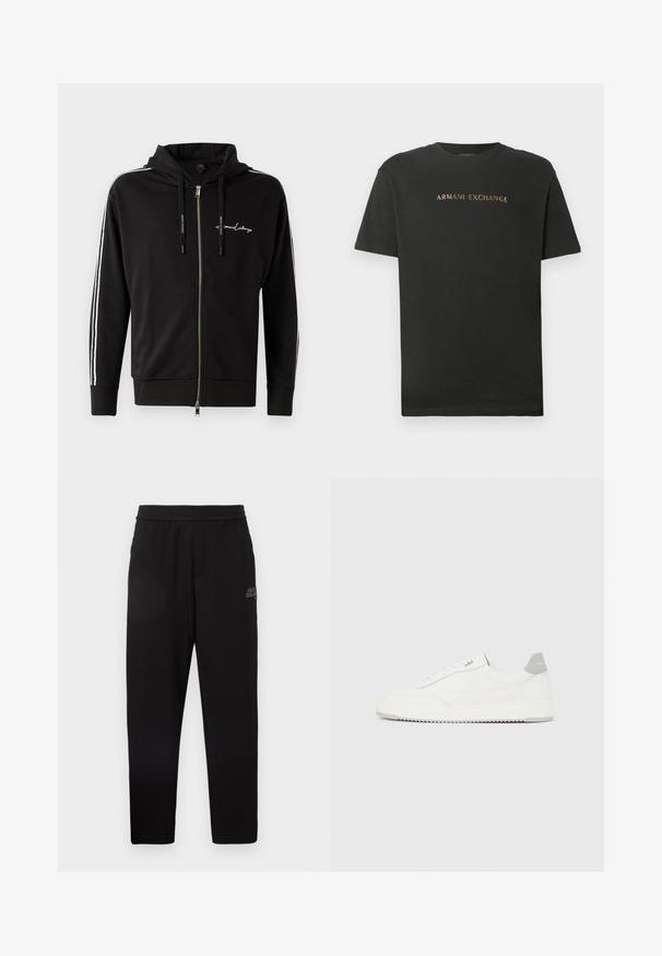 Sort fuld-zip hoodie med hvide striber på ærmerne, snore mærket "Armani Exchange" og lille broderet Armani Exchange-logo på brystet.; Sort kortærmet T-shirt med rund hals, med "ARMANI EXCHANGE" trykt i guldskrift henover brystet.; Sorte tapered sweatpants med elastisk talje og lille trykt logo på øvre venstre lår.; Hvid lavtop-sneaker med gråt hælflig, hvide snørebånd og tekstureret sål, vist på en ensfarvet lys baggrund.