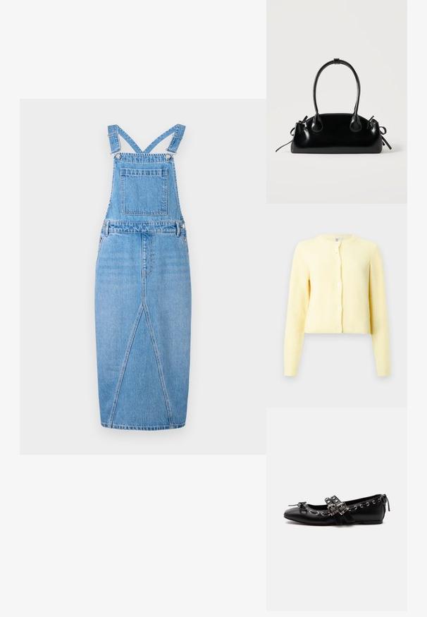 Geel geribbeld vest met lange mouwen, ronde halslijn en vijf knoopsluitingen aan de voorkant. Zachte textuur met een cropped fit.; Lichtblauwe denim tuinbroekjurk met verstelbare schouderbanden, een voorzak, een rechte rok met een subtiele split en een gladde textuur.; Zwarte platte balletschoen met dubbele gespsluitingen, zilveren oogjes en een klein strikje nabij de afgeronde neus op een witte achtergrond.; Kleine zwarte glanzende handtas met twee lange hengsels en zijkant trekkoord details op een effen lichte achtergrond.