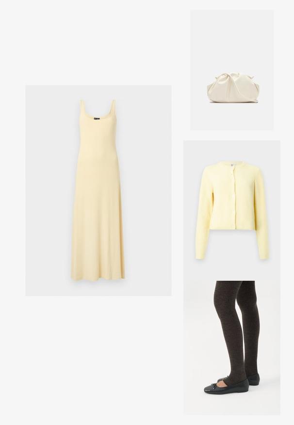 Geel geribbeld vest met lange mouwen, ronde halslijn en vijf knoopsluitingen aan de voorkant. Zachte textuur met een cropped fit.; Mouwloze lichtgele maxi-jurk met ronde halslijn, aangesloten lijfje en vloeiende rok op een effen achtergrond.; Benen met donkere geribbelde leggings gecombineerd met zwarte ballerina's met kleine strikdetails op een witte achtergrond.; Zachte, crèmekleurige leren clutch met geplooid, gerimpeld ontwerp en een dunne schouderriem die vooraan op een effen achtergrond ligt.