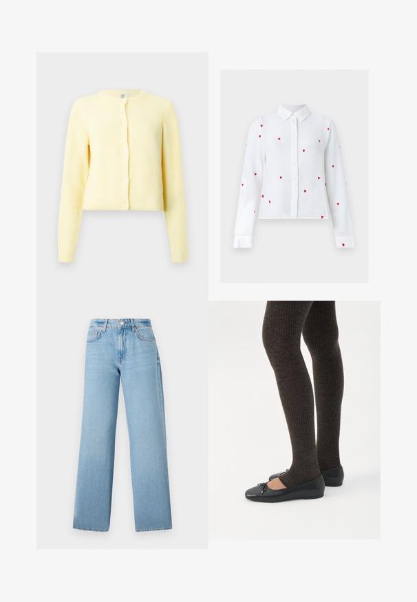 Žltý rebrovaný cardigan s dlhými rukávmi, okrúhlym výstrihom a piatimi gombíkmi pozdĺž prednej strany. Mäkká textúra s cropped strihom.; Biela blúzka s dlhým rukávom na gombíky, so vzormi červených vyšívaných sŕdc a špicatým golierom, zobrazená na neutrálnom pozadí.; Svetlomodré nohavice s širokými nohavicami vyrobené z džínsového materiálu, s vysokým pásom, dizajnom s piatimi vreckami a uzáverom na gombík so zipsom.; Nohy v tmavých pásikavých legínach v kombinácii s čiernymi balerínkami s malými mašličkami na bielom pozadí.