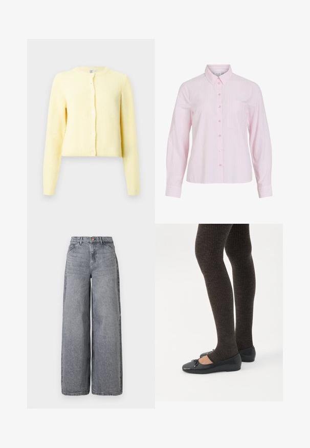 Žltý rebrovaný cardigan s dlhými rukávmi, okrúhlym výstrihom a piatimi gombíkmi pozdĺž prednej strany. Mäkká textúra s cropped strihom.; Svetloružová košeľa s dlhým rukávom s vertikálnymi bielymi pruhmi, zapínaním na gombíky vpredu, golierom a ľavým náprsným vreckom. Hladká bavlnená látka.; Džíny s širokými nohavicami v bledom šedivom odtieni, s piatimi vreckami, zapínaním na gombík a jemnou textúrou so subtílnymi detaily v podobe zmiešaných tónov.; Nohy v tmavých pásikavých legínach v kombinácii s čiernymi balerínkami s malými mašličkami na bielom pozadí.