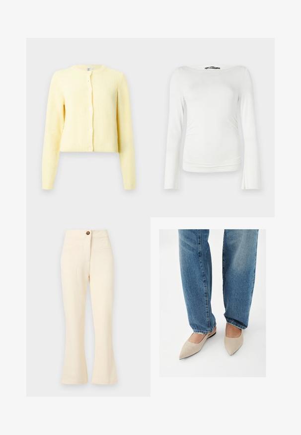 Cardigan jaune à côtes avec manches longues, encolure ronde et cinq boutons sur le devant. Texture douce avec une coupe cropped.; Haut à manches longues blanc en tissu lisse avec une silhouette ajustée, présentant un décolleté bateau large et des fronces subtiles à la taille.; Pantalons évasés de couleur crème en tissu texturé, avec poches avant et un unique bouton marron à la taille.; Personne portant un jean bleu et des chaussures plates pointues beiges, debout sur un sol blanc.