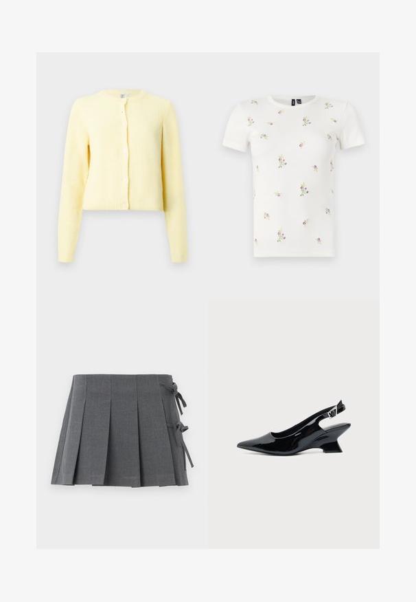 Cardigan jaune à côtes avec manches longues, encolure ronde et cinq boutons sur le devant. Texture douce avec une coupe cropped.; T-shirt en coton blanc à manches courtes, présentant une texture côtelée et une broderie florale dispersée en rose et vert sur l'ensemble.; Jupe mini plissée grise en tissu texturé, avec une fermeture à nouer sur un côté et une ceinture lisse pour plus de confort.; Chaussure slingback en cuir verni noir avec bout pointu et petit talon bloc incliné sur fond clair uni.